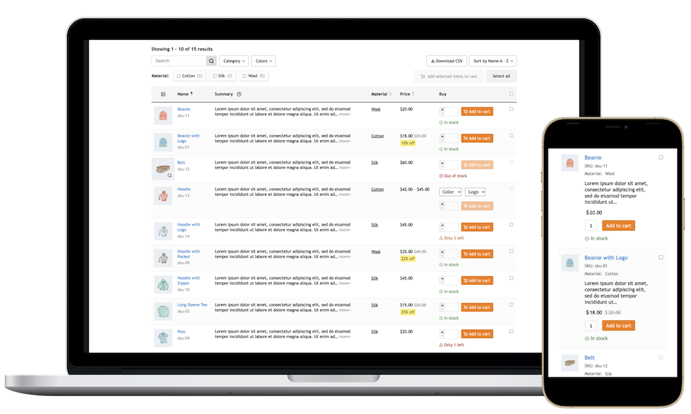 Woocommerce product table homepage